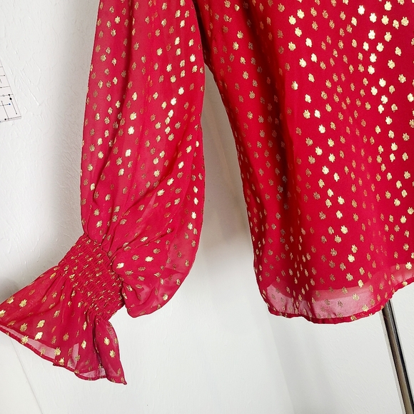 1. State Red & Gold Shiny, Sparkly Blouse with Poet Sleeves, Size Medium - Picture 4 of 9